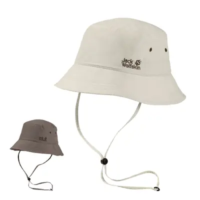 (White Sand, Medium) Jack Wolfskin Bucket Hat w Chin Strap Supplex Sun Hat Fishing Hiking UV Pro