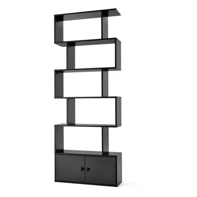 S-Shaped 5-tier Bookcase with Double Doors Cabinet & Open Display Rack