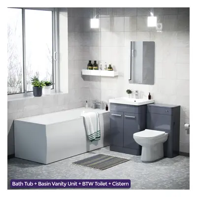 3 Piece Bathroom Suite Steel Grey 600mm Vanity, WC, BTW Toilet & Straight Bath