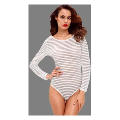 (White, S) Women Sexy Bodysuit Semi-sheer Stripe Round Neck Long Sleeve Tights Rompers