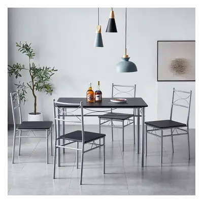 (Black) Dining Table and Chairs Set Metal Wood Effect Table Dining Set Chairs Silvia