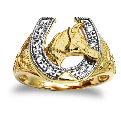 (N) Jewelco London Men's Solid 9ct Yellow Gold White Round Brilliant Cubic Zirconia Horse Head H