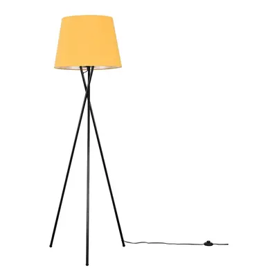 Modern Gloss Black Metal Tripod Floor Lamp with a Mustard Tapered Shade