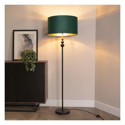 ValueLights Marissa Black Floor Lamp with Green Velvet & Gold Shade