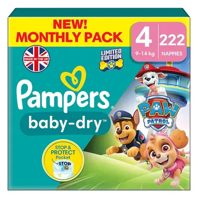 Pampers Baby-Dry Paw Patrol Edition Size 4, Nappies, 9kg - 14kg, Monthly Pack, with A Stop & Pro