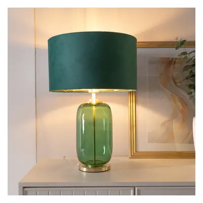 ValueLights Leigh Velvet & Gold Green Gold Glass Table Lamp & Bulb