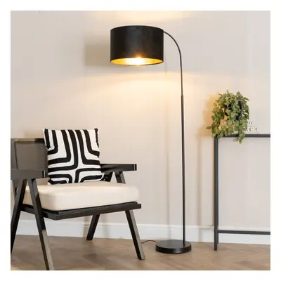 ValueLights Curva Black Floor Lamp & Black Velvet & Gold Shade & Bulb