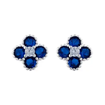 Jewelco London Rhodium Silver Blue Round Brilliant CZ Bead Edge Clover Cluster Stud Earrings - A