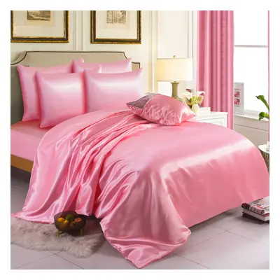 (King, Baby Pink) 6PCS SATIN BEDDING SET DUVET COVER FITTED SHEET PILLOW CASES