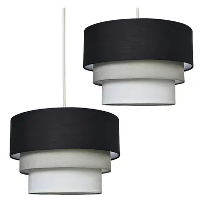 Pair of Round Modern Tier Fabric Ceiling Pendant Lamp Light Shade in Black- Complete with a 10w 