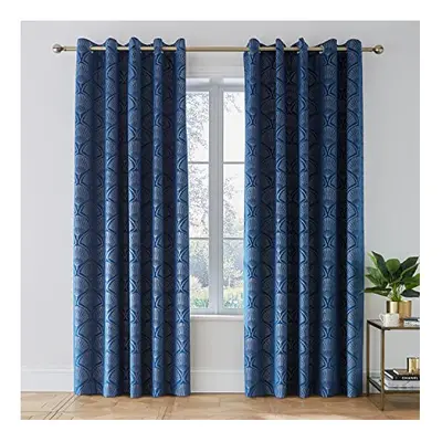 Catherine Lansfield Art Deco Pearl 66x72 Inch Lined Eyelet Curtains Two Panels Navy Blue