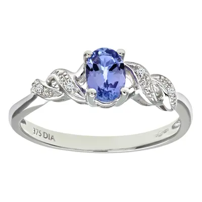 (O) Jewelco London 9ct White Gold Oval Tanzanite Ring with Pave Set Diamond Twist Shoulders