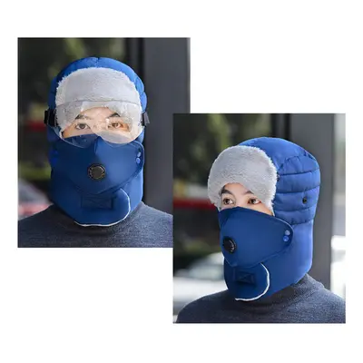 (Blue) Winter Men Original Design Warm Hat Women Waterproof Hood Hat With Windproof Glasses Face