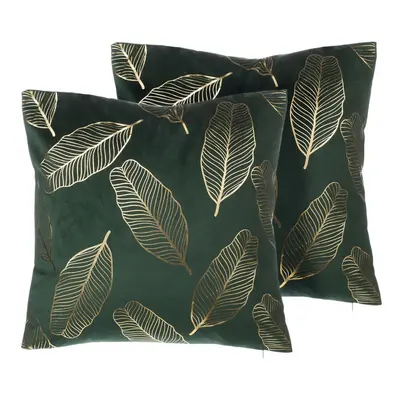 Set of Velvet Cushions Leaf Pattern x cm Emerald Green FREESIA