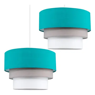 Pair of - Modern Round Tier Turquoise Teal, Grey and White Fabric Ceiling Light Shades - Complet