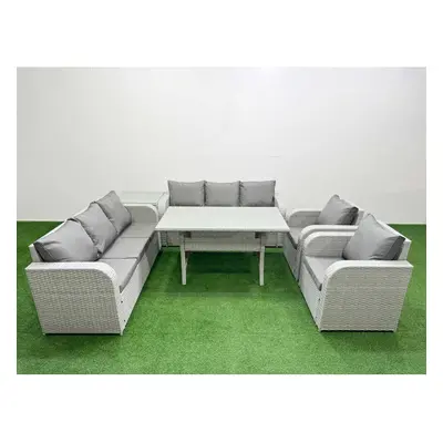 Fimous PE Rattan High Back Lounge Sofa Set Patio Rectangular Dining Table & Chairs Set with Seat