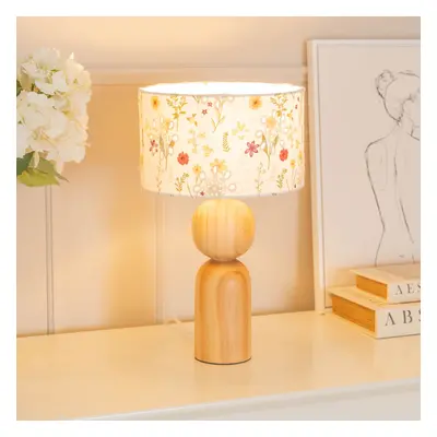 ValueLights Azalea Floral Embroidered Shade Wooden Table Lamp & Bulb