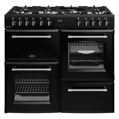 Belling Farmhouse 100DF 100cm Dual Fuel Range Cooker with Burners & Ovens - Black / Antique Bras