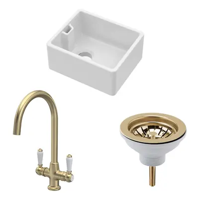 Fireclay Kitchen Bundle - Compact Single Bowl Belfast Sink, Strainer Waste & Mono Lever Tap, 460