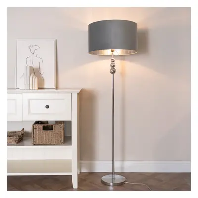 ValueLights Marissa Chrome Floor Lamp with Grey Velvet & Chrome Shade