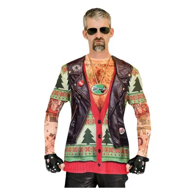 Faux Real Men's 3D Photo-Realistic Ugly Christmas Sweater Long Sleeve T-Shirt Biker Xmas Tattoo 