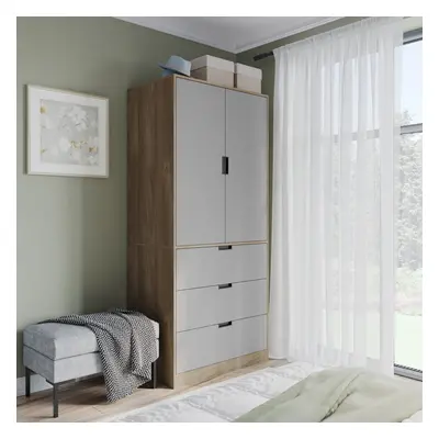 (Oak, Grey) 180cm Modern Wardrobe Door with Drawer Storage and Hanging Rail Bedroom Furniture