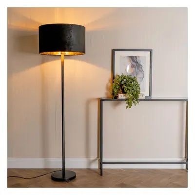 ValueLights Charlie Black Velvet & Gold Shade Black Floor Lamp & Bulb