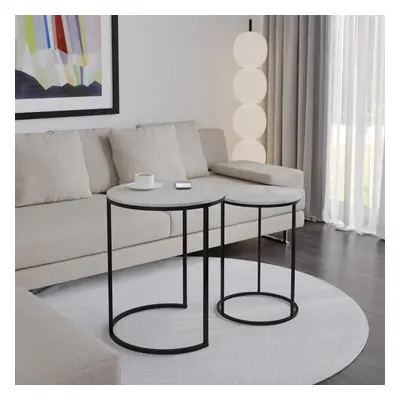 (White Marble Top with Black Legs) Pcs Round Nesting Stackable Sofa Side Bedside End Table Set W