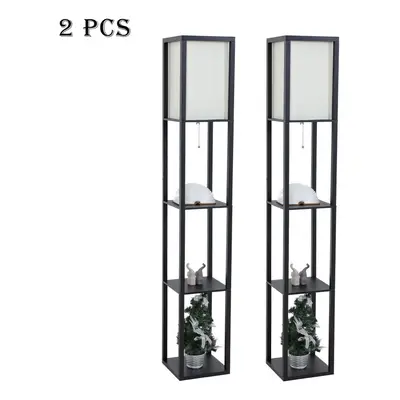 2Pcs Wooden Floor Lamp with 3-tier Open Shelf Standard Standing Light