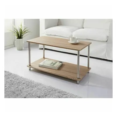 2 Tier Coffee Table Rectangle Oak Living Room Storage Shelf Steel Legs