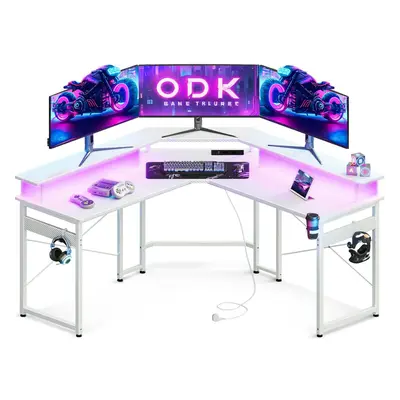 (ODK Gaming Desk with LED Lights, Corner Gaming Desk with Sockets and USB Charging Ports, Shaped