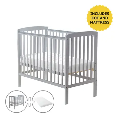 Sydney Grey Compact Baby Cot With Kinder Flow Mattress | Solid Pine Wood