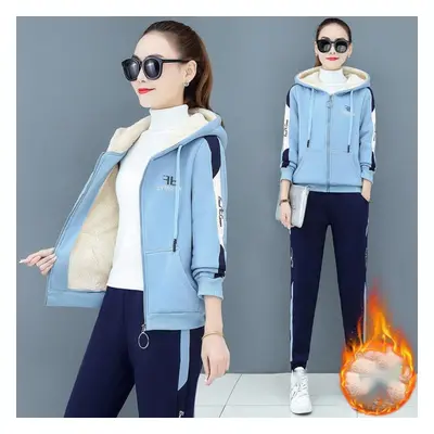 (sky blue, XL) Large Size Women&apos;s Autumn And Winter Piece Set Tracksuit Loose Hooded Zipper