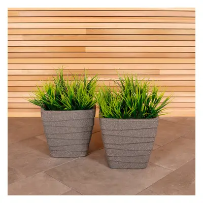 Charles Bentley Pair of Trojan Square Granite Planters (Dia. 33cm) Grey Plastic Plant Pot Outdoo