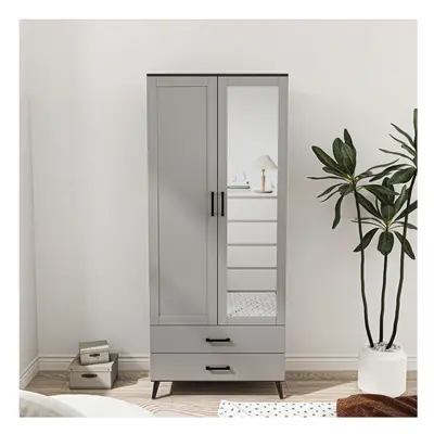 (Black Grey) 180cm Mirror Wardrobe Door Drawer Bedroom Clothes Storage Hanging Rail