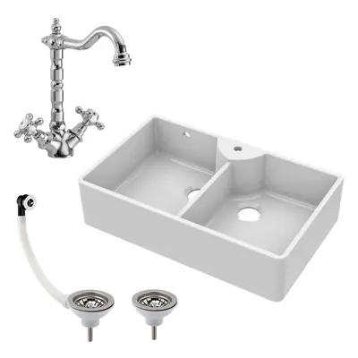 895mm - Double Bowl Fireclay Butler Kitchen Sink - Overflow, Classic Tap & Wastes