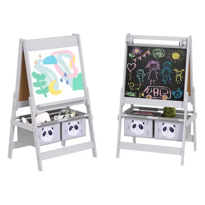 AIYAPLAY Kids Easel with Paper Roll, Blackboard, Whiteboard, Storage, Grey