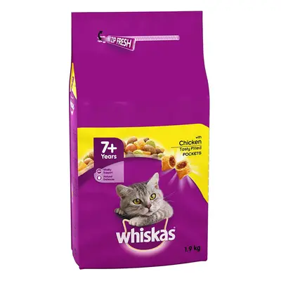 Whiskas 7+ Dry Cat Food for Senior Cats with Chicken, bags (4 x 1.9 kg)