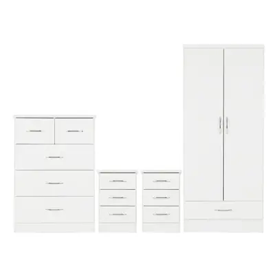 Nevada Piece White Gloss Bedroom Set - Door Drawer Wardrobe, Drawer Chest & x Drawer Bedside