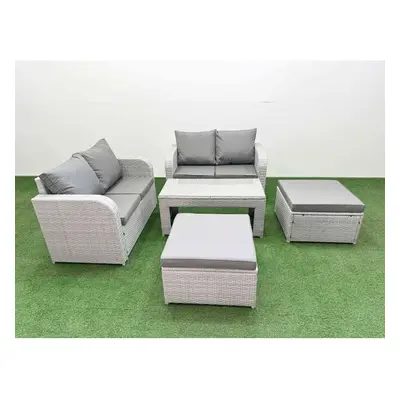 Fimous Seater Outdoor Love Sofa Set Rattan Garden Furniture Set with Oblong Coffee Table Footsto