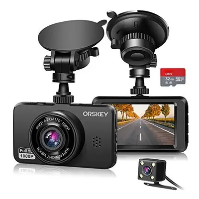 ORSKEY Dash Cam for Cars Front and Rear and SD Card Included 1080P Full HD In Car Camera Dual Le