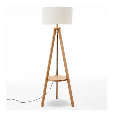 Natural Wooden Tripod Floor Lamp w/ Round Wood Shelf + Off White Linen Shade