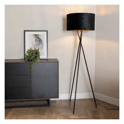 ValueLights Camden Black Velvet & Gold Shade Black Floor Lamp & Bulb