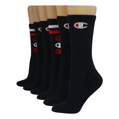 Champion Women's Double Dry 6-Pair Pack Logo Crew Socks Black Stripes