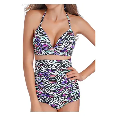 (Purple, XL) Sexy Halter Strap Printed Wireless Swimwear Sets