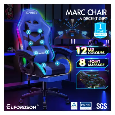 ELFORDSON Gaming Office Chair RGB LED Massage Computer Seat Footrest Blue