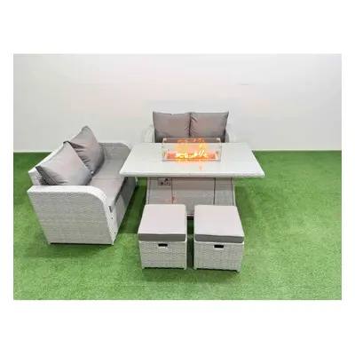 Fimous Seater Outdoor Love Sofa Set Rattan Garden Furniture Set with Firepit Dining Table Small 