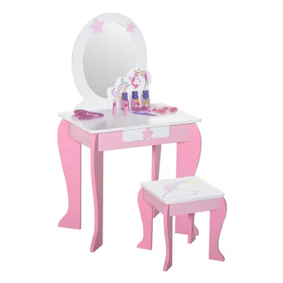 HOMCOM Girls Dressing Table with Mirror, Stool, Pretend Play Toy