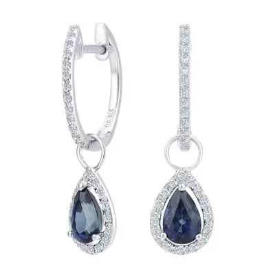 Jewelco London 9ct White Gold Round 20pts Diamond Pear 0.95ct Sapphire Teardrop Drop Earrings - 