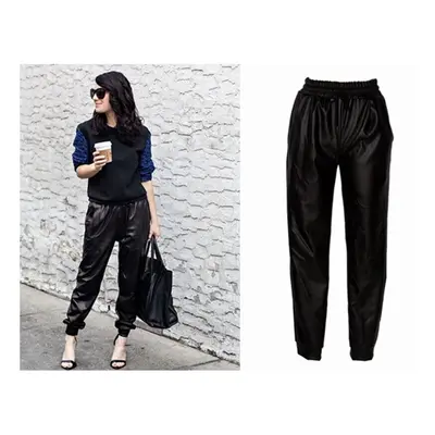 (Black-XL) Faux Leather Joggers Women Loose Jogger Pants Hip Hop Street Wear Harem Pants Women